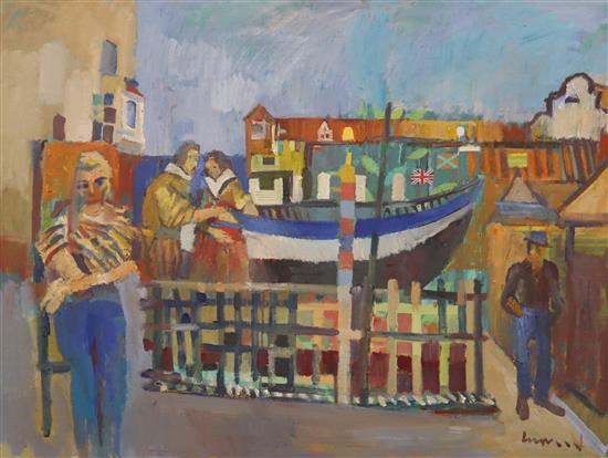 Derek Inwood (1925-2012), oil on canvas, Tudor figures by a boat, 90 x 120cm